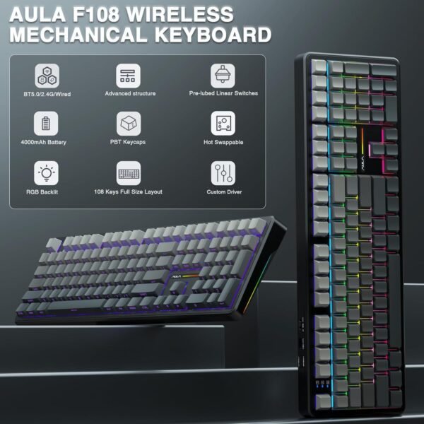 71P4w7gbEpL._AC_SL1500_ AULA F108 Wireless Mechanical Keyboard Review full-size gaming keyboard with RGB backlight